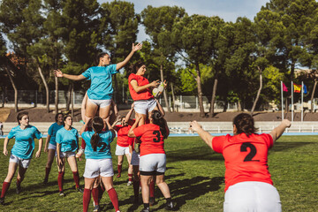Rugby players having match on field