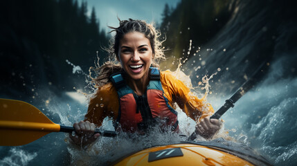 active female kayaker with an oar on the water