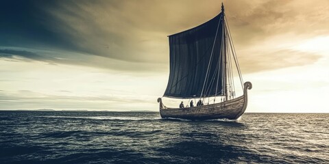 Majestic Viking Ship Sailing Through the Ocean at Sunset: A Journey into Maritime History