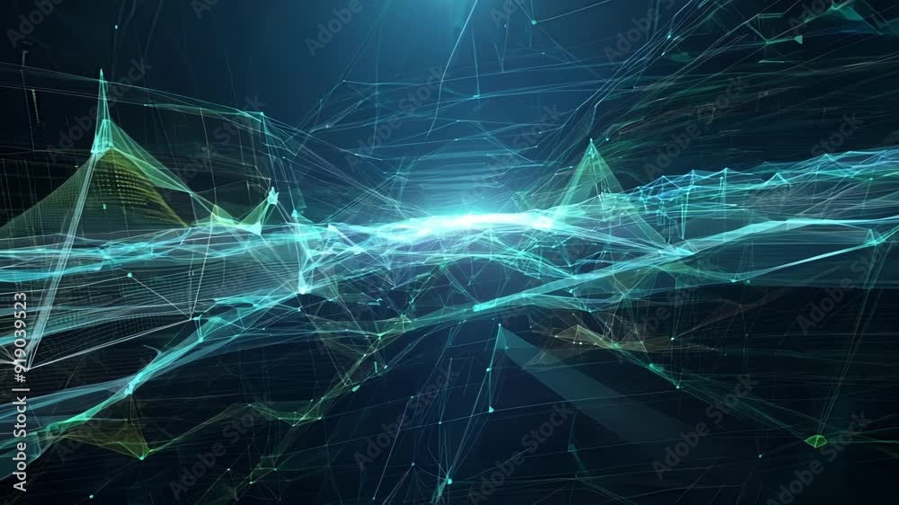 Poster an abstract visual of glowing particles and dynamic waves moving gracefully in a dark space, creatin