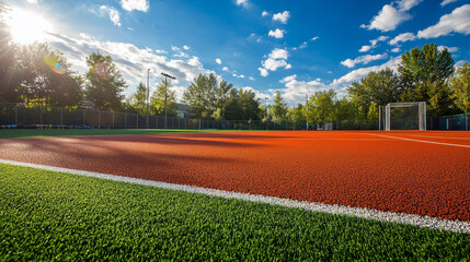 "In the school yard: a red artificial turf running track alongside a soccer field equipped with football goals."