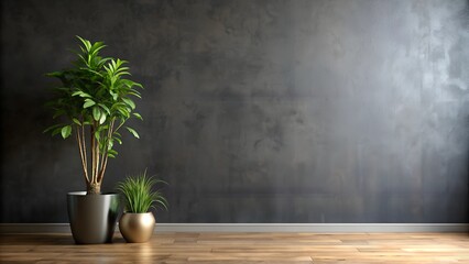 Fototapeta premium Leere dunkle Zimmerwand mit grüner Pflanze
