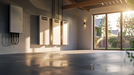 The concept of a home battery packs alternative electric energy storage system at modern home garage walls as backup or sustainable energy concepts.