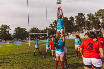 Rugby team lineout on sports field