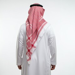 Back view of an Arab man in thobe standing on white isolated background