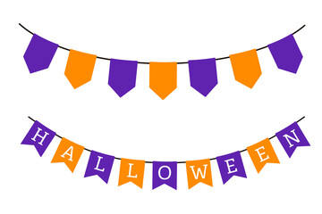 Halloween black and violet flags. Vector pennant isolated on white background. Hanging fall party garland.
