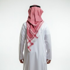 Back view of an Arab man in thobe standing on white isolated background