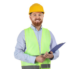 Engineer in hard hat with clipboard on white background