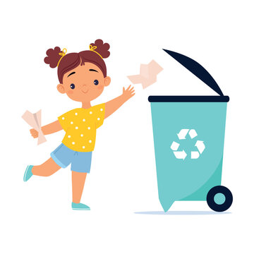 Ecology with Girl Character Throw Garbage in Recycle Bin Save Planet Vector Illustration