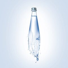 Splashing water continuing shape of bottle on light blue background