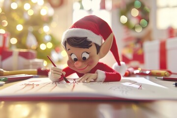 Elf painting toy soldier in festive workshop with tools and unfinished toys under bright lighting