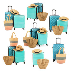Different suitcases, straw hats and beach bags on white background, set