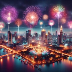 Naklejka premium Fireworks display and city illumination.