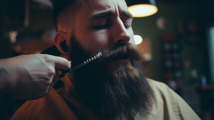 Getting perfect shape. Close-up side view of young bearded man getting beard haircut by hairdresser at barbershop