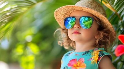 Baby fashion model on the beach. Cute girl wearing a stylish sunglasses, trendy summer dress and hat, tropical flower and palm tree background.