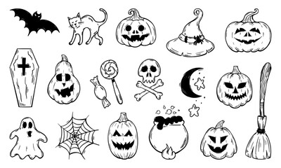 Doodle halloween elements. Spooky hand drawn pumpkins, witch hat and broom, spiderweb and ghost. Sketch autumn fest icons, neoteric vector set