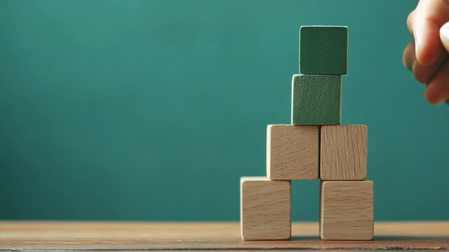 Wooden blocks stacked on wooden surface against green background. Hand reaching to place final block. Symbolizes growth, learning, and construction of knowledge.	