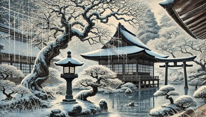 A Japanese winter garden, features traditional tea house, bonsai trees and frozen koi pond.