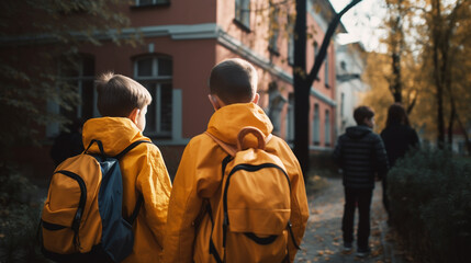 Little kids schoolchildren pupils students running hurrying to the school building for classes lessons from to the school bus. Welcome back to school. The new academic semester year start