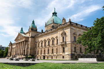 Federal Administrative Court in Leipzig, Saxony. Important court in Germany. Historic building in the city center. Photo taken in summer with lawn in the foreground.