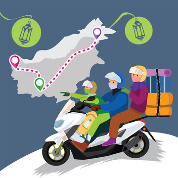 A Muslim Family back to home or mudik using motorcycle for Lebaran or Ied Al Fitr. Suitable to use as Social Media Content, Greeting Cards, Landing Page, Poster and Mobile Apps. FREELY ADJUSTED POSE