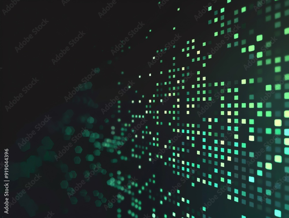 Wall mural abstract green and blue square pattern on black background with bokeh effect