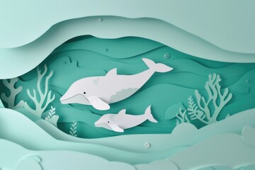 Obraz premium Paper Cut Art of Whale and Baby in the Ocean - Ideal for Print, Cards, Posters, and Wall Decor