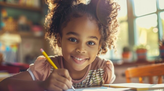 A child writing with a teacher's guidance, building foundational literacy skills.