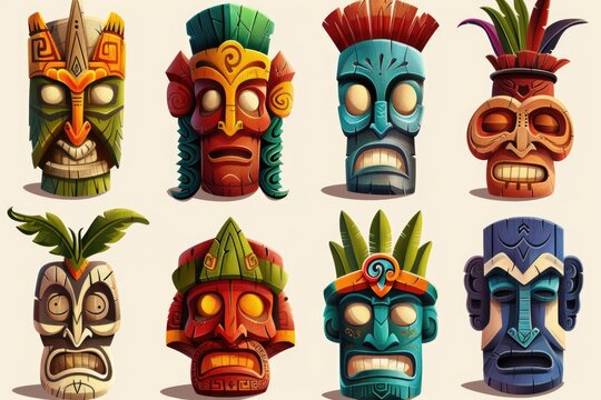 Set of cartoon tiki heads with various facial expressions