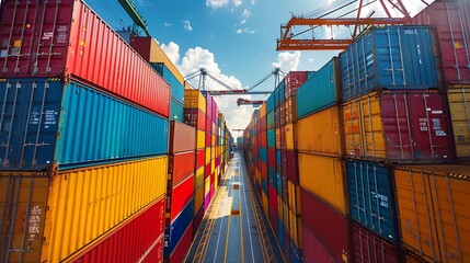 Fototapeta premium Container ship at a port, cranes operating under a clear blue sky, vibrant container colors, detailed port structures and activity, dynamic and busy industrial scene, hd quality, natural look.