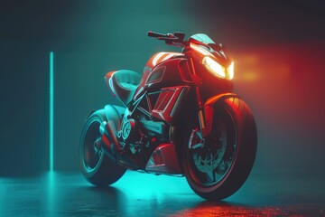 A red motorcycle is parked in a dimly lit room, creating an eerie atmosphere