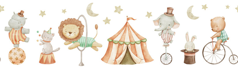 Seamless watercolor border with cute circus lion, bunny and elephant. Childish hand drawn background with funny animals. © Elena