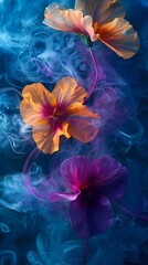 Digital blue and yellow flower fabric abstract graphics poster background with generative