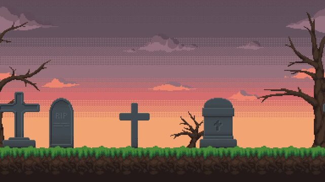 Pixel art animated graveyard landscape. Cemetery background for 8 bit video game. Looping animation.