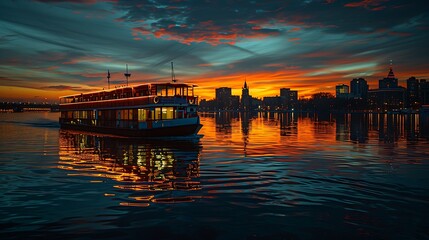 Naklejka premium Ferry boat on a river at dusk, city skyline with twinkling lights, calm water reflecting the city lights, detailed textures, dynamic and serene scene, hd quality, natural look. --ar 16:9 --v 6.