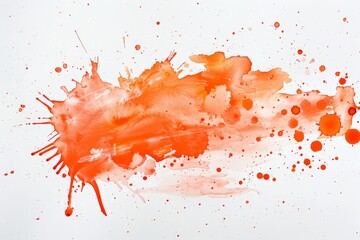 Hand painted orange watercolor splash and ink splatter paint brush strokes on white background