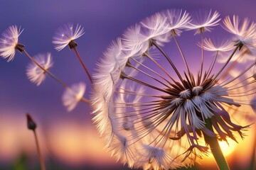 Dandelion seeds gently blowing in the wind, horizontal compostion