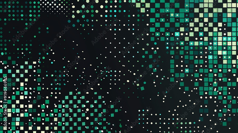 Wall mural Abstract Green and White Geometric Pattern with Squares and Circles on a Black Background