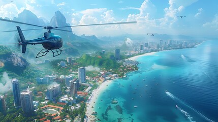 Naklejka premium Helicopter flying over a stunning coastal cityscape, vibrant ocean and bustling city below, modern buildings and beaches, midday light, detailed textures, dynamic and scenic view, hd quality,