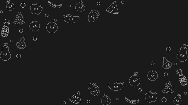 Cute Fruits Black Background With Doodle Style. 4k Animation