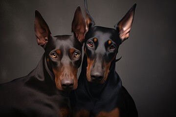 Portrait of two doberman dogs on dark background, closeup.