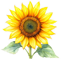 Naklejka premium A vibrant sunflower with bright yellow petals and green leaves isolated on transparency PNG background, perfect for use in gardening content, nature-themed projects, or summer promotions
