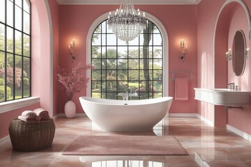 Luxurious bathroom with a freestanding tub, pink walls, and a large window.
