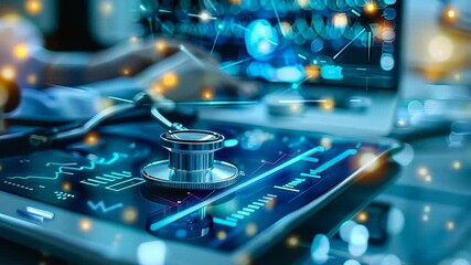 Cutting-Edge Healthcare Technology Innovations: Telemedicine, Personalized Medicine, and Advanced Diagnostics at Night with Medical Equipment and Digital Interfaces