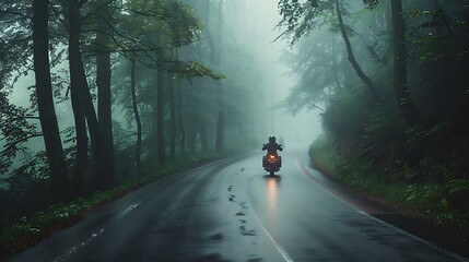 Motorcyclist cruising on a winding road in a foggy forest, eerie and mystical atmosphere, soft and diffused light, lush green trees, detailed textures on the motorcycle and forest floor,