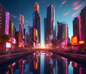 ''Neon Cityscape Reflection''A vibrant, futuristic cityscape bathed in neon lights, with towering skyscrapers reflecting off a calm, mirror-like water surface.
