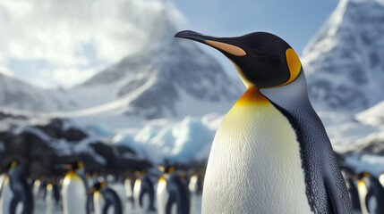 Fototapeta premium King penguin standing in arctic snow landscape with group of penguins on blur background