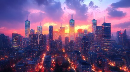 Fototapeta premium A bustling city skyline at sunset, with buildings sparkling in the twilight.