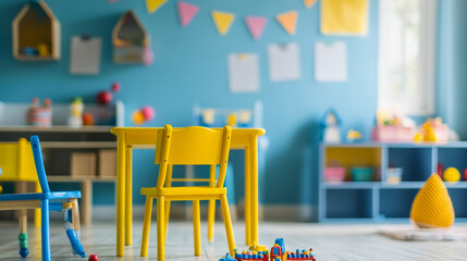"Colorful kindergarten classroom with no children, featuring school desks, chairs, toys, and decorations on the background wall. A vibrant and inviting space for early childhood education."