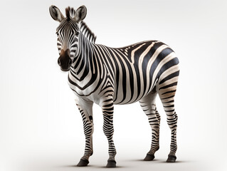 Fototapeta premium Zebra standing isolated on white background. Full body. African Savanna animal. Zoo and travel. Photography generated by AI